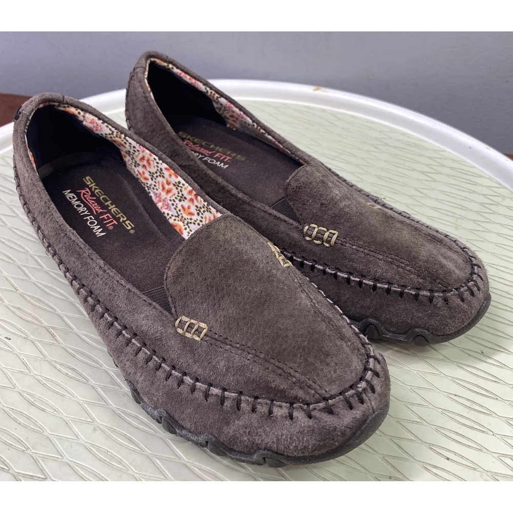 Women's Skechers Relaxed Fit Brown Suede Leather Memory Foam Loafers 7 Shoes EUC